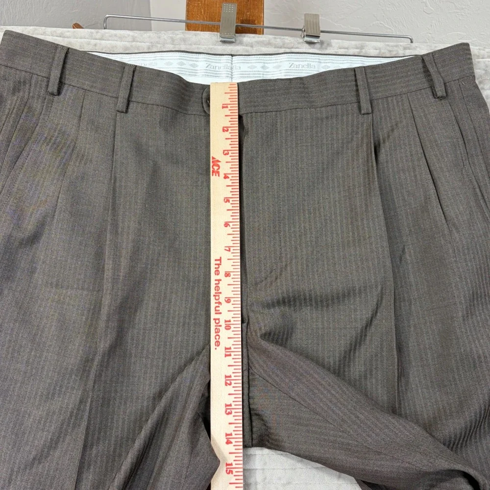Zanella Thomas Brown Herringbone Wool Pleated‎ Cuffed Dress Pants Mens 40 Italy